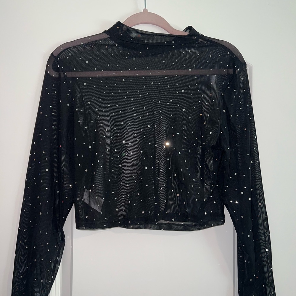 SHEIN Black Sheer Blouse with Rhinestone Details